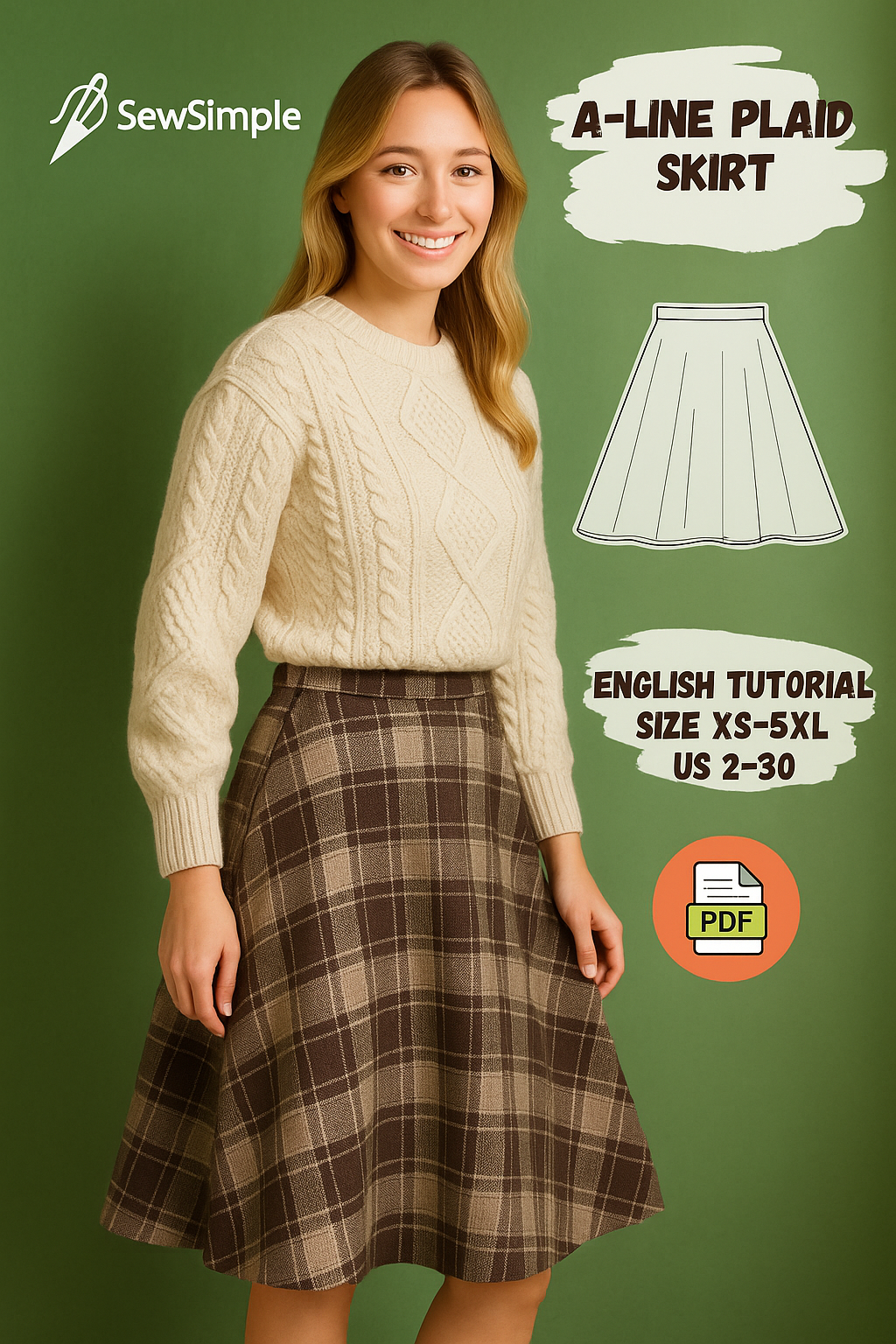 A-line skirt pattern, plaid skirt sewing pattern, high-waisted skirt, winter wool skirt pattern, flared skirt pattern, digital sewing tutorial, sewing pattern PDF, sewing pattern for women, XS to 5XL skirt pattern, US 2-30 skirt pattern, winter skirt pattern, DIY skirt pattern, flared hem skirt, A-line skirt tutorial, plaid skirt DIY, sewing for beginners, women's skirt pattern, sewing patterns for women, plaid fabric sewing, flared skirt tutorial, high-waisted skirt sewing, sewing for beginners pattern, di
