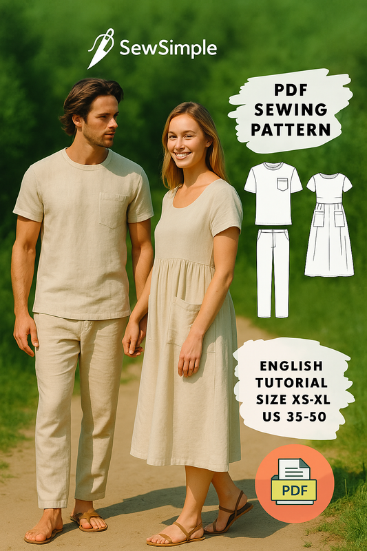 couple’s linen outfit, men’s linen shirt pattern, women’s linen dress pattern, summer outfit sewing pattern, matching couple’s outfit, patch pocket dress pattern, couple's matching set, linen dress pattern, linen shirt sewing pattern, summer matching outfits, linen couple’s set, men’s summer shirt sewing, women’s summer dress pattern, easy sewing pattern, linen clothing pattern, summer outfit sewing, matching summer clothing, PDF sewing pattern, women’s patch pocket dress, men’s summer shirt pattern, sewing