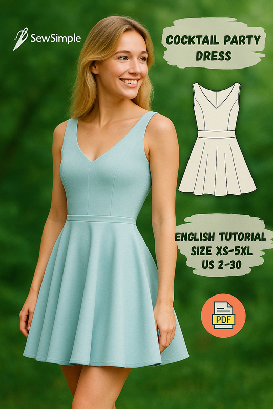 fit and flare dress pattern, sleeveless V-neck dress, cocktail party dress pattern, evening gown pattern, elegant dress pattern, minimalist dress sewing pattern, sewing pattern XS-5XL, formal dress pattern, flattering dress design, cocktail dress tutorial, evening gown sewing pattern, V-neck dress sewing pattern, light blue dress pattern, party dress pattern, fit and flare pattern, sewing pattern for special occasions, wedding guest dress pattern, evening wear pattern, sewing pattern for summer dress, cockt