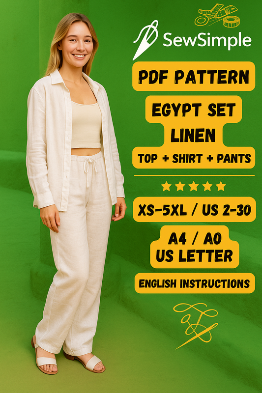 linen pants sewing pattern, linen shirt pattern, cotton top pattern, Bali set pattern, Egypt set pattern, three-piece set pattern, summer sewing pattern, linen clothing pattern, casual linen outfit, DIY linen pants, DIY summer clothing, PDF sewing pattern, wide-leg linen pants, fashion sewing pattern, easy summer sewing pattern, sewing pattern for women, inclusive sizing sewing pattern, XS to 5XL pattern, sewing pattern with instructions, linen clothing DIY, sewing pattern for casual wear, linen wardrobe se