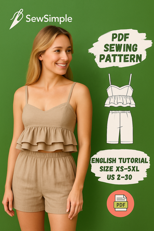 linen ruffle top, summer outfit sewing pattern, crop top and shorts pattern, ruffle crop top pattern, relaxed shorts pattern, linen summer outfit, easy summer outfit pattern, casual summer sewing pattern, linen shorts sewing, women’s ruffle crop top, DIY summer clothing, linen clothing pattern, XS to 5XL pattern, casual beach outfit, sewing pattern for women, easy sewing pattern for summer, sewing pattern for beginners, linen crop top, women’s sewing pattern, comfortable summer wear, DIY ruffle top, summer