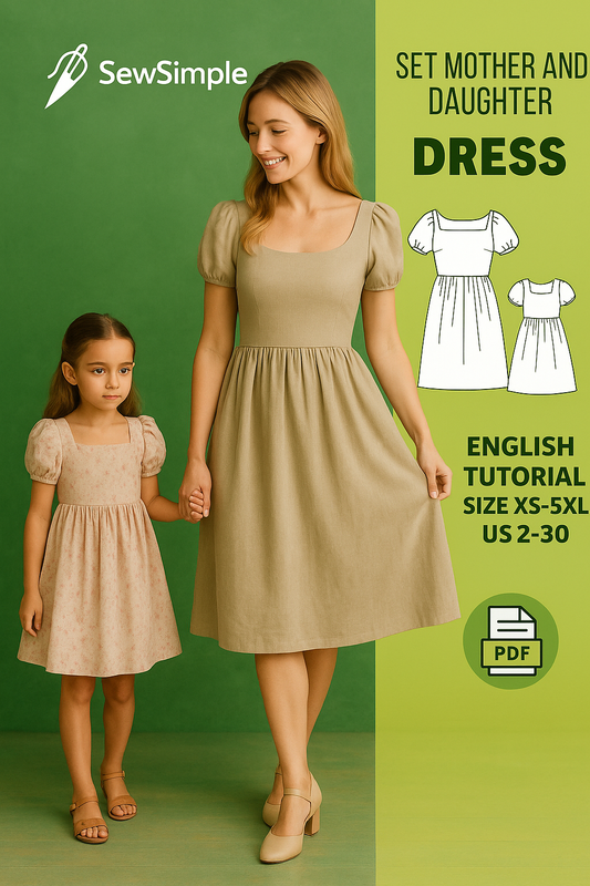 mom and daughter dress pattern, bishop sleeve dress pattern, matching dresses sewing pattern, linen dress pattern, mommy and me dress pattern, XS-5XL dress pattern, PDF dress pattern, square neckline dress, puff sleeve dress, matching outfits for mom and daughter, comfortable dress pattern, special occasion dress pattern, casual dress pattern, sewing pattern for matching outfits, dress pattern for women and kids, DIY matching dresses, handmade dress pattern, versatile dress pattern, custom-made dresses, DIY