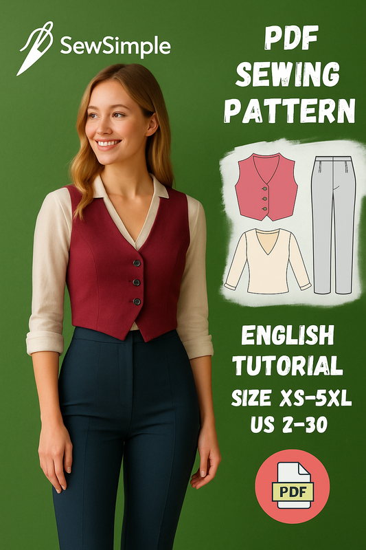 vest sewing pattern, high-waist pants pattern, office outfit sewing pattern, PDF sewing pattern, DIY women’s vest pattern, tailored vest pattern, high-waisted pants sewing pattern, XS-5XL sewing pattern, professional outfit pattern, women’s office outfit, DIY office clothes, high-waisted trousers pattern, business outfit sewing pattern, top and pants pattern, elegant vest pattern, sewing pattern with instructions, women’s vest and pants set, casual office outfit sewing, easy sewing pattern, stylish office o