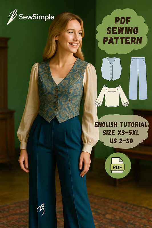vintage-inspired vest pattern, cottagecore clothing pattern, lantern sleeve sewing pattern, palazzo pants pattern, wide-leg pants sewing pattern, vintage top pattern, cottagecore sewing pattern, PDF sewing pattern, sewing pattern XS-5XL, women’s vest sewing pattern, top and pants pattern, vintage style sewing pattern, boho vest pattern, wide-leg pant pattern, cottagecore sewing clothes, DIY cottagecore outfit, vintage fashion DIY, sewing pattern for beginners, easy-to-sew vest pattern, comfy wide-leg pants