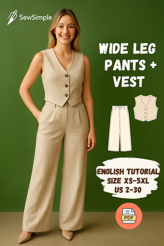 wide-leg pants pattern, palazzo pants pattern, V-neck vest pattern, DIY palazzo pants, DIY vest pattern, women's minimalist outfit, sewing pattern for women, palazzo pants sewing pattern, vest with embroidery, V-neck sewing pattern, wide-leg pants and vest pattern, embroidered vest pattern, women's clothing sewing pattern, casual women's outfit, formal vest pattern, fashionable pantsuit, minimalist fashion pattern, wide-leg trousers, palazzo pants sewing, comfortable palazzo pants, summer vest pattern, DIY