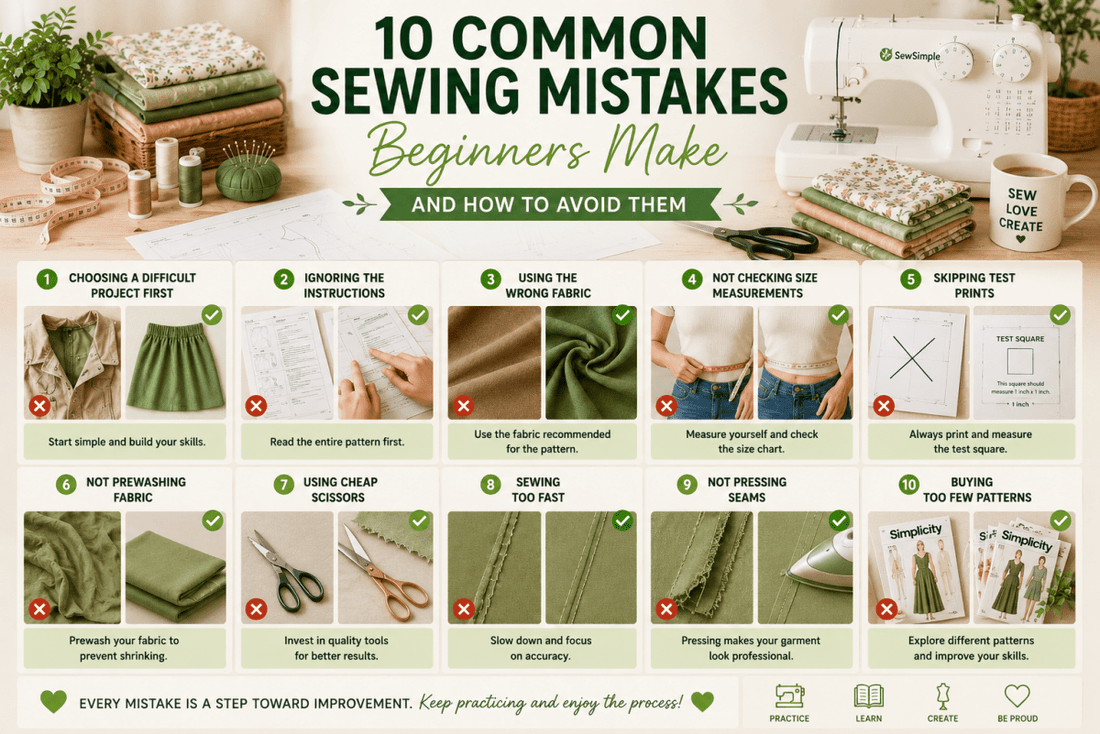 Common sewing mistakes beginners make including incorrect measurements, fabric cutting errors, sewing pattern mistakes, and beginner sewing tips