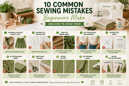 Common sewing mistakes beginners make including incorrect measurements, fabric cutting errors, sewing pattern mistakes, and beginner sewing tips