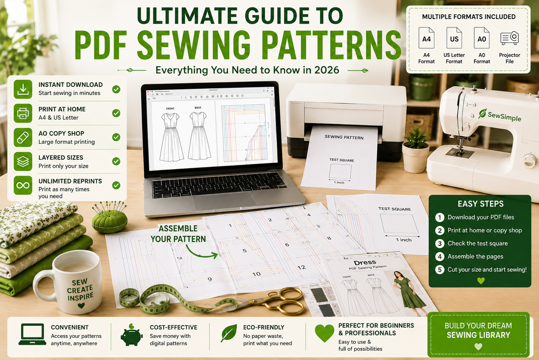 Ultimate guide to PDF sewing patterns showing digital sewing files, home printing setup, pattern assembly, layered sizes, A4 and A0 sewing pattern formats