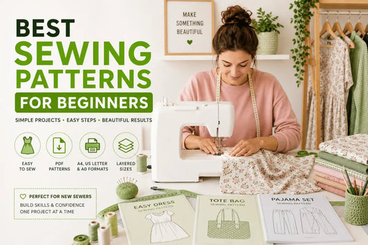 Best sewing patterns for beginners in 2026 – woman sewing with PDF sewing patterns at home using beginner-friendly sewing projects from SewSimple.