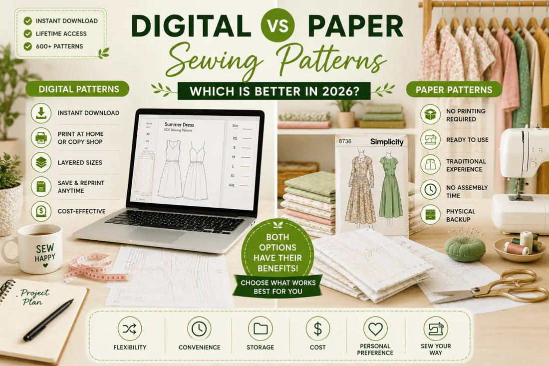 Digital vs paper sewing patterns comparison showing PDF sewing patterns on a laptop and traditional paper sewing patterns in a sewing studio