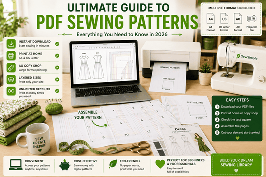 Ultimate guide to PDF sewing patterns showing digital sewing files, home printing setup, pattern assembly, layered sizes, A4 and A0 sewing pattern formats