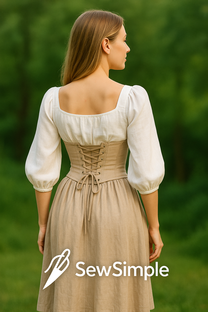 cottagecore sewing pattern, vintage blouse pattern, skirt pattern, underbust corset pattern, DIY cottagecore outfit, vintage clothing pattern, PDF sewing pattern, feminine blouse, boho sewing pattern, DIY corset pattern, cottagecore outfit, DIY skirt, floral skirt sewing, vintage-inspired corset, retro sewing pattern, women’s cottagecore patterns, inclusive size sewing pattern, size XS to 5XL, fashion DIY sewing, summer sewing pattern, fall cottagecore outfit, winter corset pattern, cottagecore wardrobe, se