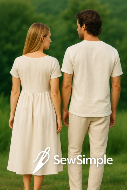 couple’s linen outfit, men’s linen shirt pattern, women’s linen dress pattern, summer outfit sewing pattern, matching couple’s outfit, patch pocket dress pattern, couple's matching set, linen dress pattern, linen shirt sewing pattern, summer matching outfits, linen couple’s set, men’s summer shirt sewing, women’s summer dress pattern, easy sewing pattern, linen clothing pattern, summer outfit sewing, matching summer clothing, PDF sewing pattern, women’s patch pocket dress, men’s summer shirt pattern, sewing