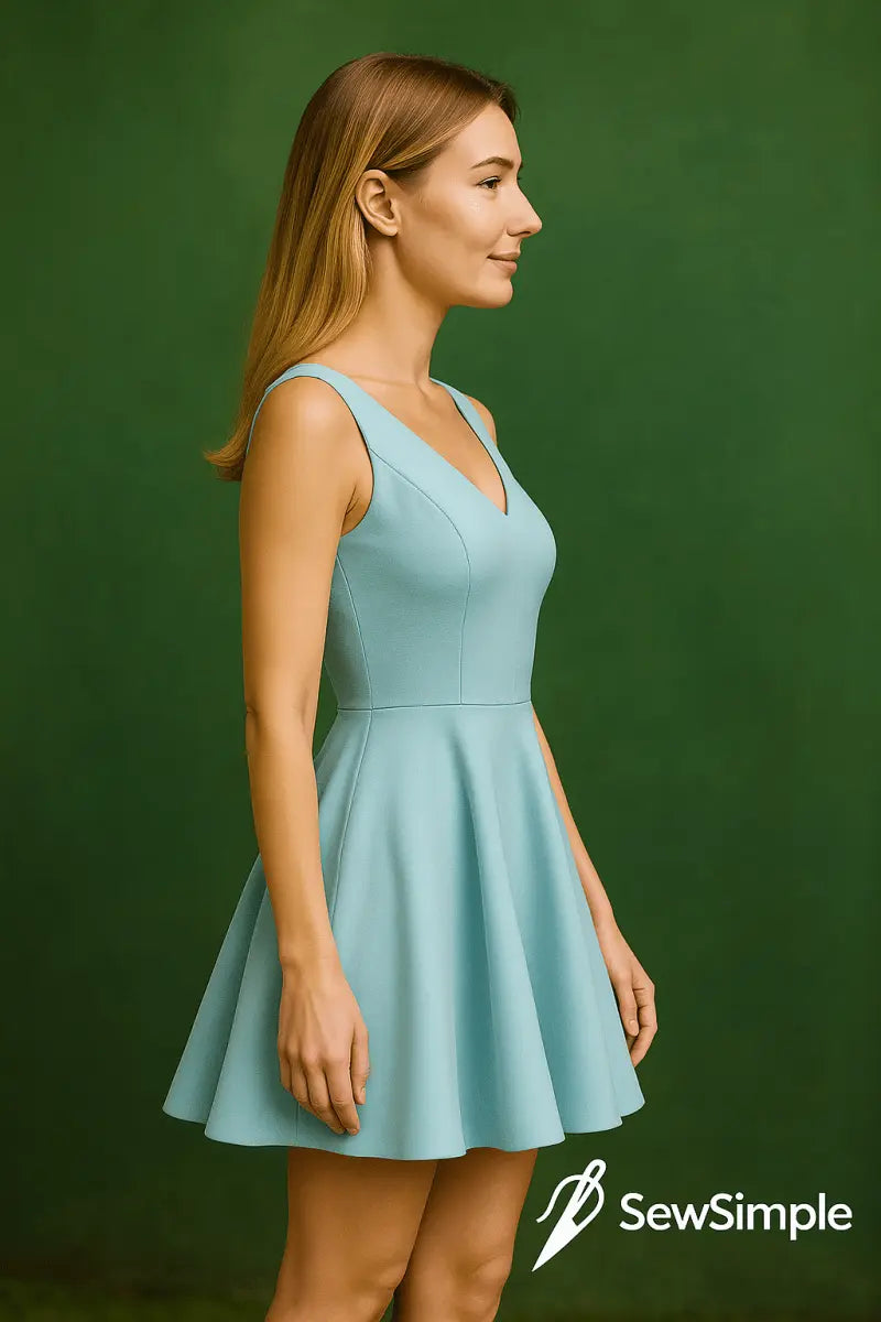 fit and flare dress pattern, sleeveless V-neck dress, cocktail party dress pattern, evening gown pattern, elegant dress pattern, minimalist dress sewing pattern, sewing pattern XS-5XL, formal dress pattern, flattering dress design, cocktail dress tutorial, evening gown sewing pattern, V-neck dress sewing pattern, light blue dress pattern, party dress pattern, fit and flare pattern, sewing pattern for special occasions, wedding guest dress pattern, evening wear pattern, sewing pattern for summer dress, cockt