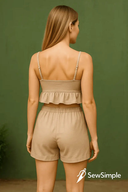 linen ruffle top, summer outfit sewing pattern, crop top and shorts pattern, ruffle crop top pattern, relaxed shorts pattern, linen summer outfit, easy summer outfit pattern, casual summer sewing pattern, linen shorts sewing, women’s ruffle crop top, DIY summer clothing, linen clothing pattern, XS to 5XL pattern, casual beach outfit, sewing pattern for women, easy sewing pattern for summer, sewing pattern for beginners, linen crop top, women’s sewing pattern, comfortable summer wear, DIY ruffle top, summer 