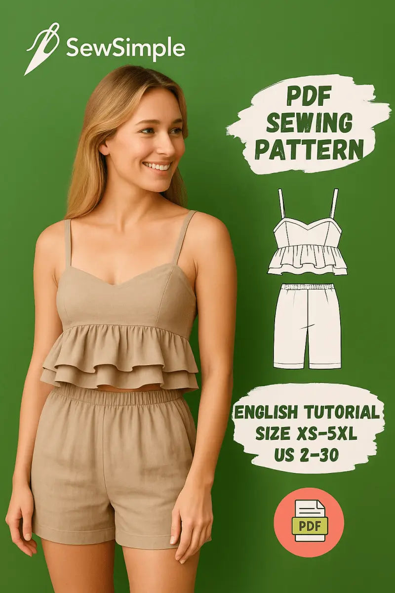 linen ruffle top, summer outfit sewing pattern, crop top and shorts pattern, ruffle crop top pattern, relaxed shorts pattern, linen summer outfit, easy summer outfit pattern, casual summer sewing pattern, linen shorts sewing, women’s ruffle crop top, DIY summer clothing, linen clothing pattern, XS to 5XL pattern, casual beach outfit, sewing pattern for women, easy sewing pattern for summer, sewing pattern for beginners, linen crop top, women’s sewing pattern, comfortable summer wear, DIY ruffle top, summer 