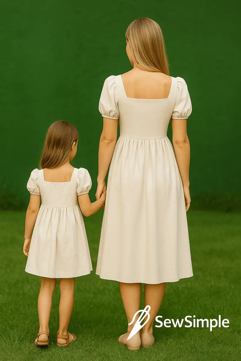 mom and daughter dress pattern, bishop sleeve dress pattern, matching dresses sewing pattern, linen dress pattern, mommy and me dress pattern, XS-5XL dress pattern, PDF dress pattern, square neckline dress, puff sleeve dress, matching outfits for mom and daughter, comfortable dress pattern, special occasion dress pattern, casual dress pattern, sewing pattern for matching outfits, dress pattern for women and kids, DIY matching dresses, handmade dress pattern, versatile dress pattern, custom-made dresses, DIY