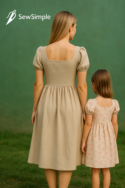 mom and daughter dress pattern, bishop sleeve dress pattern, matching dresses sewing pattern, linen dress pattern, mommy and me dress pattern, XS-5XL dress pattern, PDF dress pattern, square neckline dress, puff sleeve dress, matching outfits for mom and daughter, comfortable dress pattern, special occasion dress pattern, casual dress pattern, sewing pattern for matching outfits, dress pattern for women and kids, DIY matching dresses, handmade dress pattern, versatile dress pattern, custom-made dresses, DIY