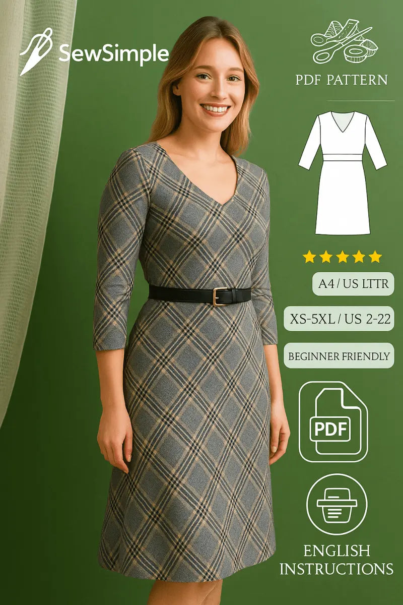 V Neck Dress PDF Pattern – Women’s Natural Waist Dress Sewing Pattern - SewSimple