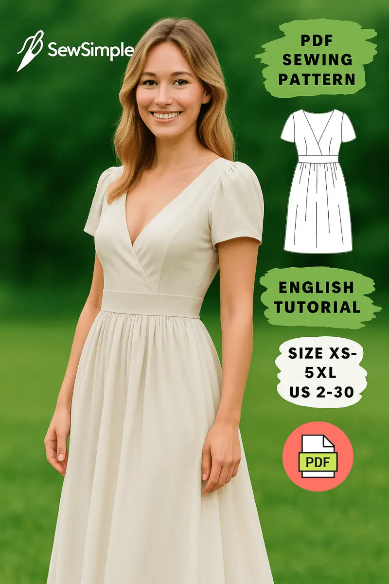 V-Neck Puff Sleeve Dress Sewing Pattern PDF | Elegant Pleated Dress ...
