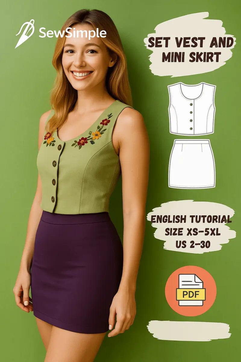 vintage vest sewing pattern, embroidered vest pattern, floral vest pattern, cottagecore aesthetic pattern, button-up vest pattern, pencil skirt pattern, handmade blouse pattern, sleeveless blouse pattern, vintage blouse pattern, DIY cottagecore outfit, women’s vest sewing pattern, floral embroidered vest, slim-fit skirt pattern, sewing pattern for vest and skirt, XS-5XL skirt pattern, sewing pattern for beginners, floral embroidery pattern, easy sewing pattern, timeless vest and skirt combo, pencil skirt pa
