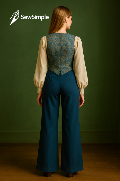 vintage-inspired vest pattern, cottagecore clothing pattern, lantern sleeve sewing pattern, palazzo pants pattern, wide-leg pants sewing pattern, vintage top pattern, cottagecore sewing pattern, PDF sewing pattern, sewing pattern XS-5XL, women’s vest sewing pattern, top and pants pattern, vintage style sewing pattern, boho vest pattern, wide-leg pant pattern, cottagecore sewing clothes, DIY cottagecore outfit, vintage fashion DIY, sewing pattern for beginners, easy-to-sew vest pattern, comfy wide-leg pants 