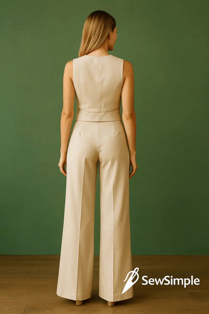 wide-leg pants pattern, palazzo pants pattern, V-neck vest pattern, DIY palazzo pants, DIY vest pattern, women's minimalist outfit, sewing pattern for women, palazzo pants sewing pattern, vest with embroidery, V-neck sewing pattern, wide-leg pants and vest pattern, embroidered vest pattern, women's clothing sewing pattern, casual women's outfit, formal vest pattern, fashionable pantsuit, minimalist fashion pattern, wide-leg trousers, palazzo pants sewing, comfortable palazzo pants, summer vest pattern, DIY 