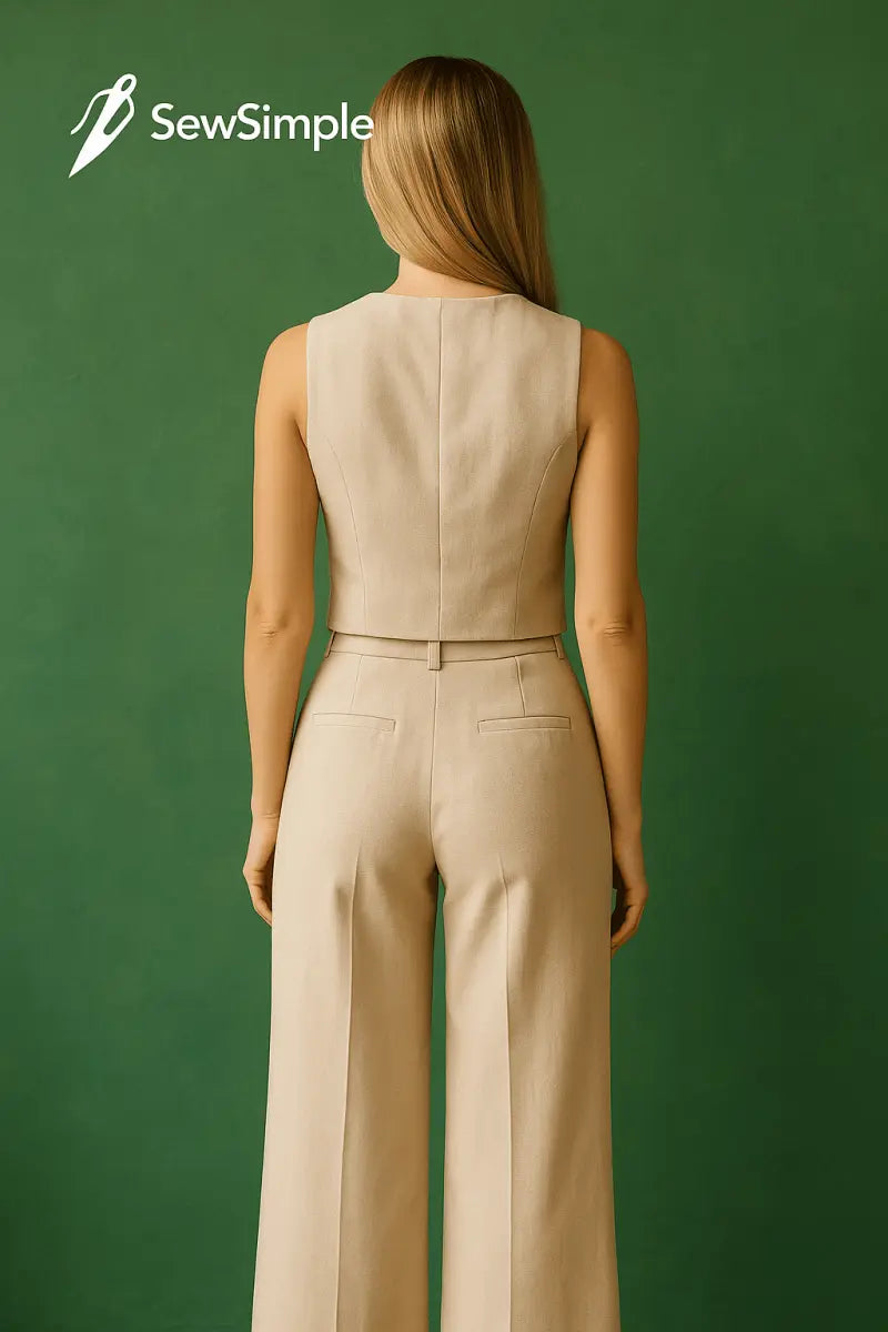 wide-leg pants pattern, palazzo pants pattern, V-neck vest pattern, DIY palazzo pants, DIY vest pattern, women's minimalist outfit, sewing pattern for women, palazzo pants sewing pattern, vest with embroidery, V-neck sewing pattern, wide-leg pants and vest pattern, embroidered vest pattern, women's clothing sewing pattern, casual women's outfit, formal vest pattern, fashionable pantsuit, minimalist fashion pattern, wide-leg trousers, palazzo pants sewing, comfortable palazzo pants, summer vest pattern, DIY 