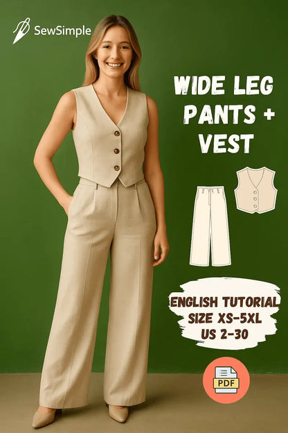 wide-leg pants pattern, palazzo pants pattern, V-neck vest pattern, DIY palazzo pants, DIY vest pattern, women's minimalist outfit, sewing pattern for women, palazzo pants sewing pattern, vest with embroidery, V-neck sewing pattern, wide-leg pants and vest pattern, embroidered vest pattern, women's clothing sewing pattern, casual women's outfit, formal vest pattern, fashionable pantsuit, minimalist fashion pattern, wide-leg trousers, palazzo pants sewing, comfortable palazzo pants, summer vest pattern, DIY 