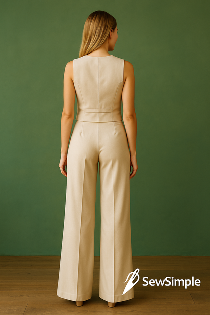 wide-leg pants pattern, palazzo pants pattern, V-neck vest pattern, DIY palazzo pants, DIY vest pattern, women's minimalist outfit, sewing pattern for women, palazzo pants sewing pattern, vest with embroidery, V-neck sewing pattern, wide-leg pants and vest pattern, embroidered vest pattern, women's clothing sewing pattern, casual women's outfit, formal vest pattern, fashionable pantsuit, minimalist fashion pattern, wide-leg trousers, palazzo pants sewing, comfortable palazzo pants, summer vest pattern, DIY 